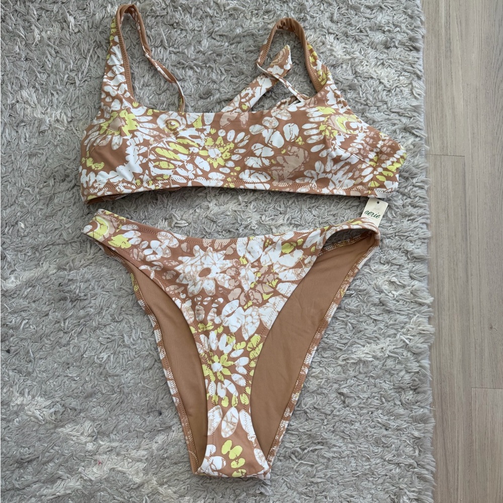 NWT Aerie Floral Print Bikini Set in Brown, White & Yellow Accent